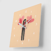 Horloge Carrée Fille rose mignonne avec ballons cardiaques (Angle)
