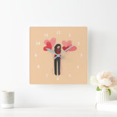Horloge Carrée Fille rose mignonne avec ballons cardiaques (Maison)