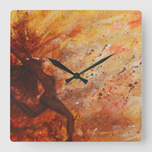 Horloge Carrée Fille Silhouette Orange Jaune Tons Abstraits
