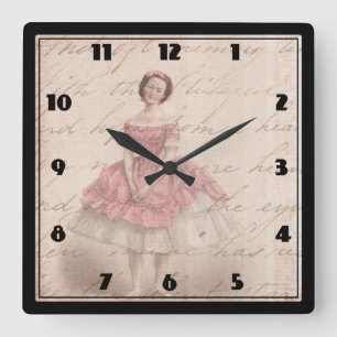 Horloge Carrée Fille vintage de ballerine dans un tutu rose