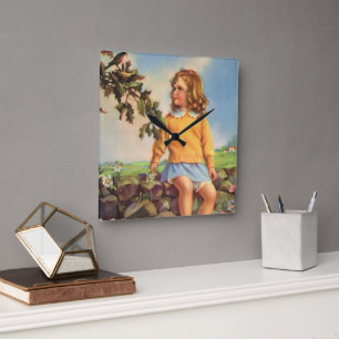 Horloge Carrée Fille Vintage Regardant les Oiseaux dans un Arbre,
