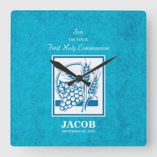 Horloge Carrée Fils, Première Communion, Blé, Raisins Bleu