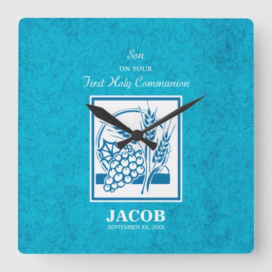 Horloge Carrée Fils, Première Communion, Blé, Raisins Bleu (Recto)