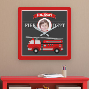 Horloge Carrée Fire Truck Firefighter Custom Photo Nom Kids Room