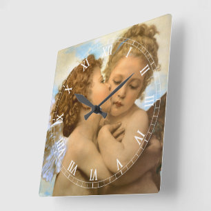 Horloge Carrée First Kiss (détail d'ange) par Bouguereau