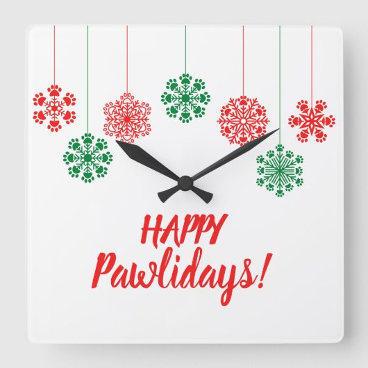 Horloge Carrée Flacons de neige Empreintes de pattes en rouge et  (Recto)