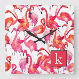 Horloge Carrée Flamant rose Aquarelle En Aquarelles Ajouter Vot