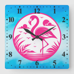 Horloge Carrée Flamant Rose Dessin de Cercle d'Été-68730