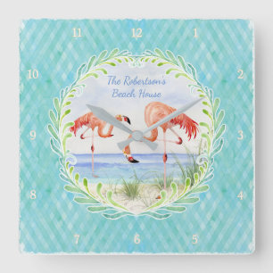 Horloge Carrée Flamant rose moderne Plage Océan Sable Bleu Aqua