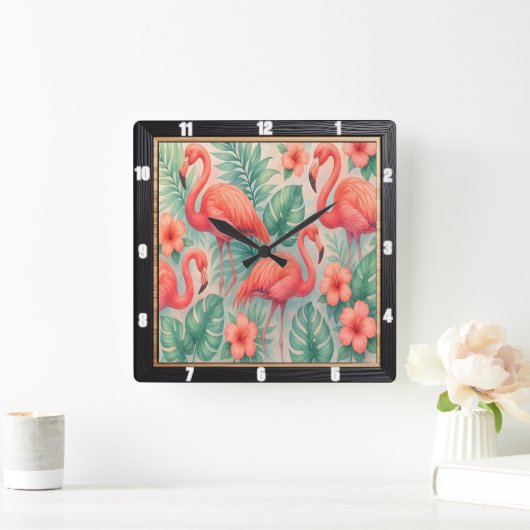 Horloge Carrée Flamant rose tropical Floral (Maison)