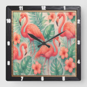 Horloge Carrée Flamant rose tropical Floral (Recto)
