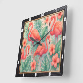 Horloge Carrée Flamant rose tropical Floral (Angle)