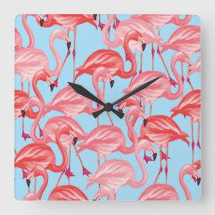 Horloge Carrée Flamants roses Roses Clairs Sur Bleu