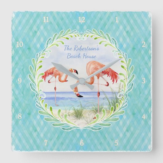 Horloge Carrée Flamingo Beach Ocean Sand Shore Aqua Blue (Recto)