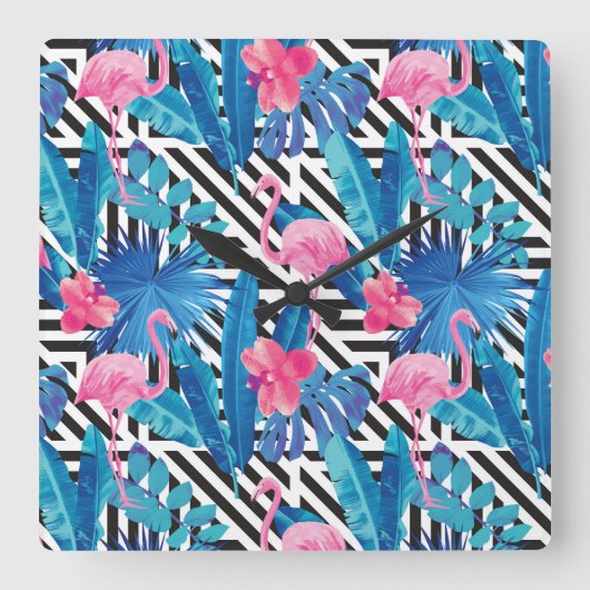 Horloge Carrée Flamingo & Palms on Geometric Pattern (Recto)
