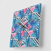 Horloge Carrée Flamingo & Palms on Geometric Pattern (Angle)