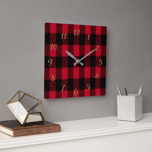 Horloge Carrée Flannel Buffalo Plaid Rouge lombard texture (Bureau)