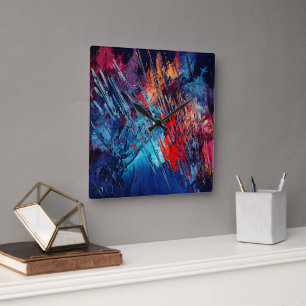 Horloge Carrée Flèche de feu bleu rouge Art Abstrait contemporain