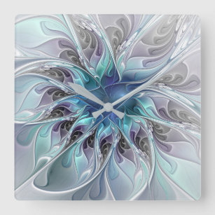 Horloge Carrée Fleur Abstraite Fractale Moderne Avec Bleu