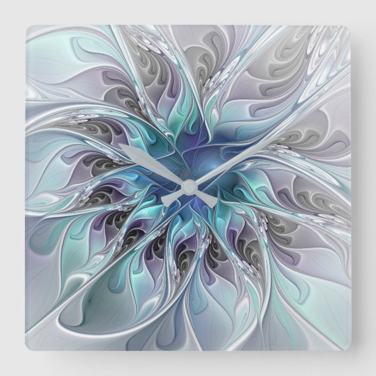 Horloge Carrée Fleur Abstraite Fractale Moderne Avec Bleu (Recto)