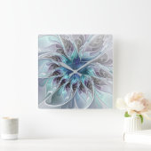 Horloge Carrée Fleur Abstraite Fractale Moderne Avec Bleu (Maison)