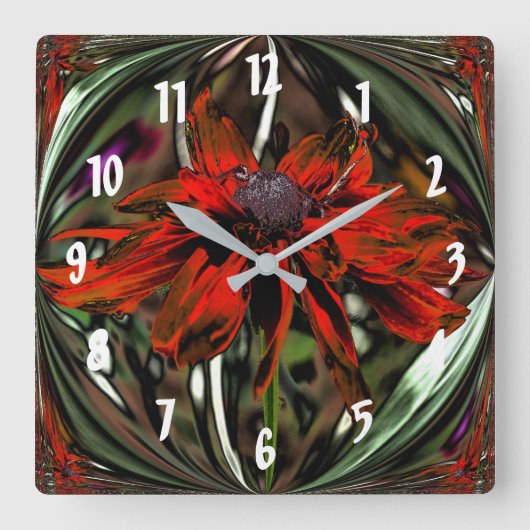 Horloge Carrée Fleur Abstraite marguerite rouge vif (Recto)
