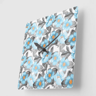 Horloge Carrée Fleur Aquarelle Bleue - Floral Botanique