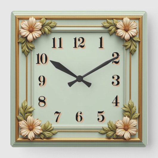 Horloge Carrée Fleur Art Déco Menthe (Recto)