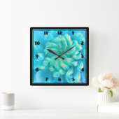 Horloge Carrée Fleur bleu turquoise Dahlia en Aquarelle (Maison)