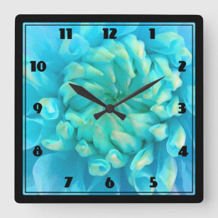 Horloge Carrée Fleur bleu turquoise Dahlia en Aquarelle