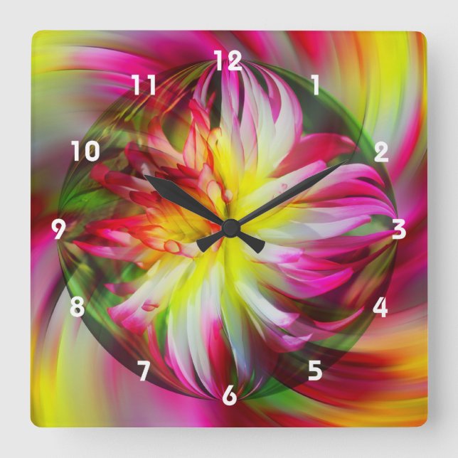 Horloge Carrée Fleur colorée Dahlia Art Abstrait (Front)