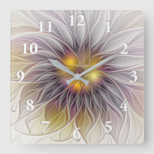 Horloge Carrée Fleur colorée lumineuse, fractale moderne abstrait