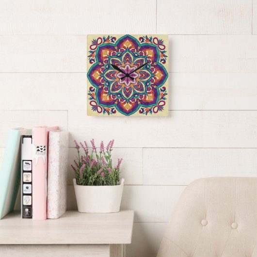 Horloge Carrée Fleur d'art populaire boho (Salle de lecture)