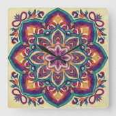 Horloge Carrée Fleur d'art populaire boho (Recto)