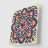 Horloge Carrée Fleur d'art populaire boho (Angle)