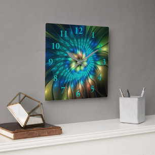 Horloge Carrée Fleur de fantaisie lumineuse, fractale abstraite c