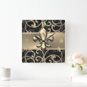 Horloge Carrée Fleur de Lis en Filigree noir et or (Maison)