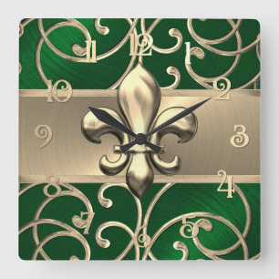 Horloge Carrée Fleur de Lis vert et or en fibre