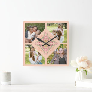 Horloge Carrée Fleur de pêche douce Script kaléidoscopique Meille