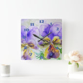 Horloge Carrée Fleur de pensée à l'aquarelle violette Viola  (Maison)