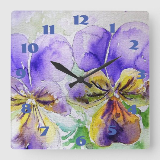 Horloge Carrée Fleur de pensée à l'aquarelle violette Viola  (Recto)