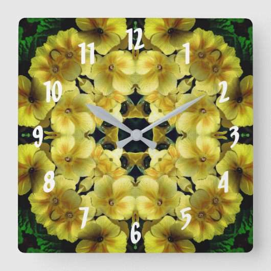 Horloge Carrée Fleur de Primrose jaune Art Abstrait (Recto)