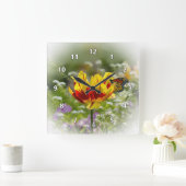 Horloge Carrée Fleur de tulipe et papillon monarque (Maison)