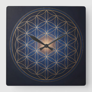 Horloge Carrée Fleur de Vie Géométrie Sacrée Or Bleu Spirituel