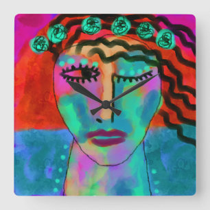 Horloge Carrée Fleur Enfant Art Abstrait original