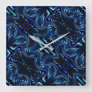 Horloge Carrée Fleur formée et papillon en miroir en bleu foncé