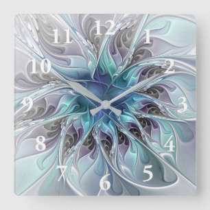 Horloge Carrée Fleur fractale moderne abstraite avec du bleu