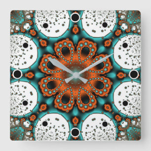 Horloge Carrée Fleur fractale orange et verte Turquoise