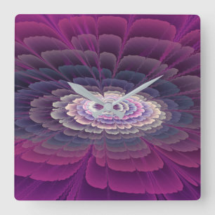 Horloge Carrée Fleur frappante abstraite fractale couleur rose