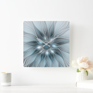 Horloge Carrée Fleur Joyeuse Abstrait gris bleu floral Fractal